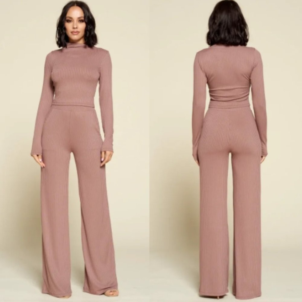 NWT Mauve Ribbed Knit Mock Neck Long Sleeve Top & Wide Leg Pants SET